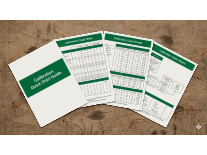 Flow and Viscosity Calibration Pack with cheat sheets and charts on workbench