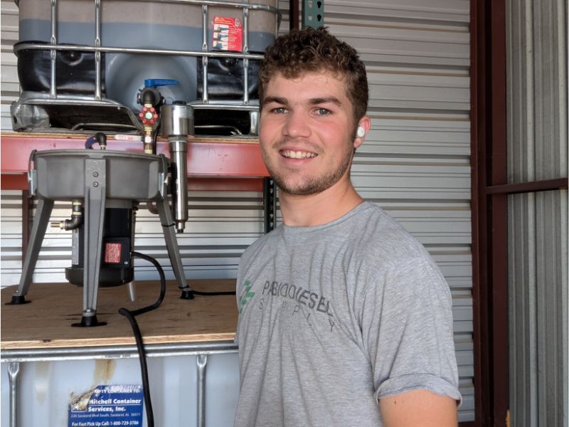 PA Biodiesel Supply founder in shop with Ultimate Force centrifuge