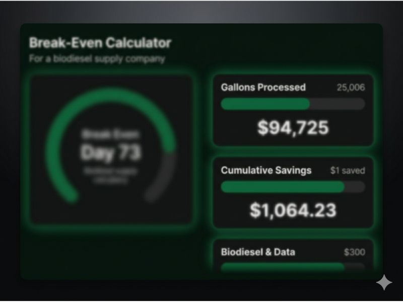 Break-Even and Savings Calculator showing progress bars and dollar savings