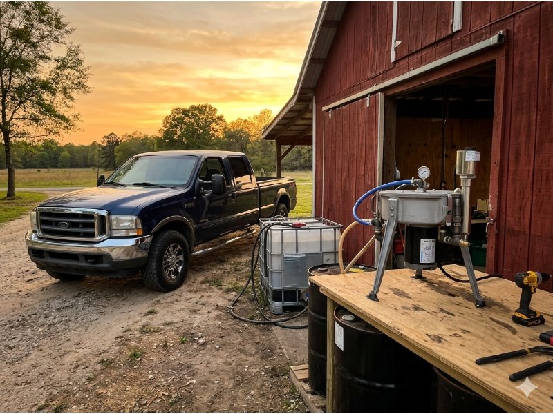 Pickup truck parked beside rural shop with fuel tote visible